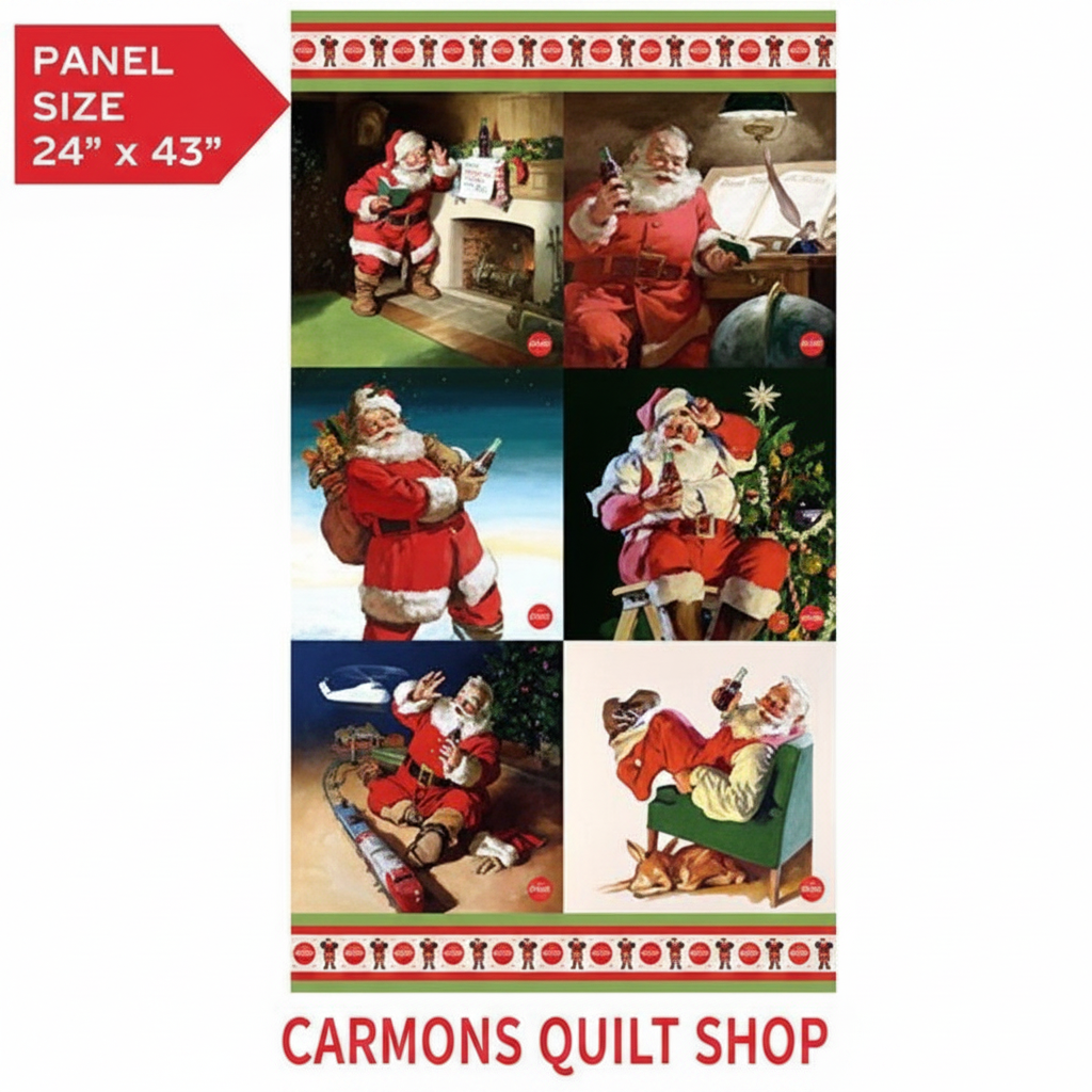 Carmon's Quilt Shop Coca-Cola Christmas cotton fabric panel featuring nostalgic Santa Claus illustrations