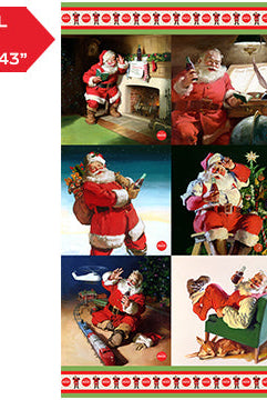 Carmon's Quilt Shop Coca-Cola Christmas cotton fabric panel featuring nostalgic Santa Claus holiday illustrations.