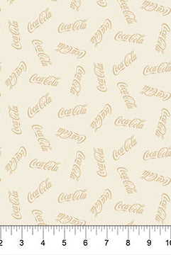Carmon's Quilt Shop cream fabric featuring a repeating Coca-Cola logo print for holiday quilting projects.