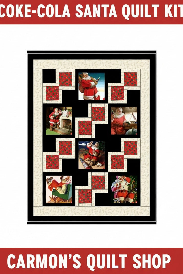 Carmon's Quilt Shop Coca-Cola Santa Christmas quilt kit featuring nostalgic holiday scenes and festive Northcott fabric