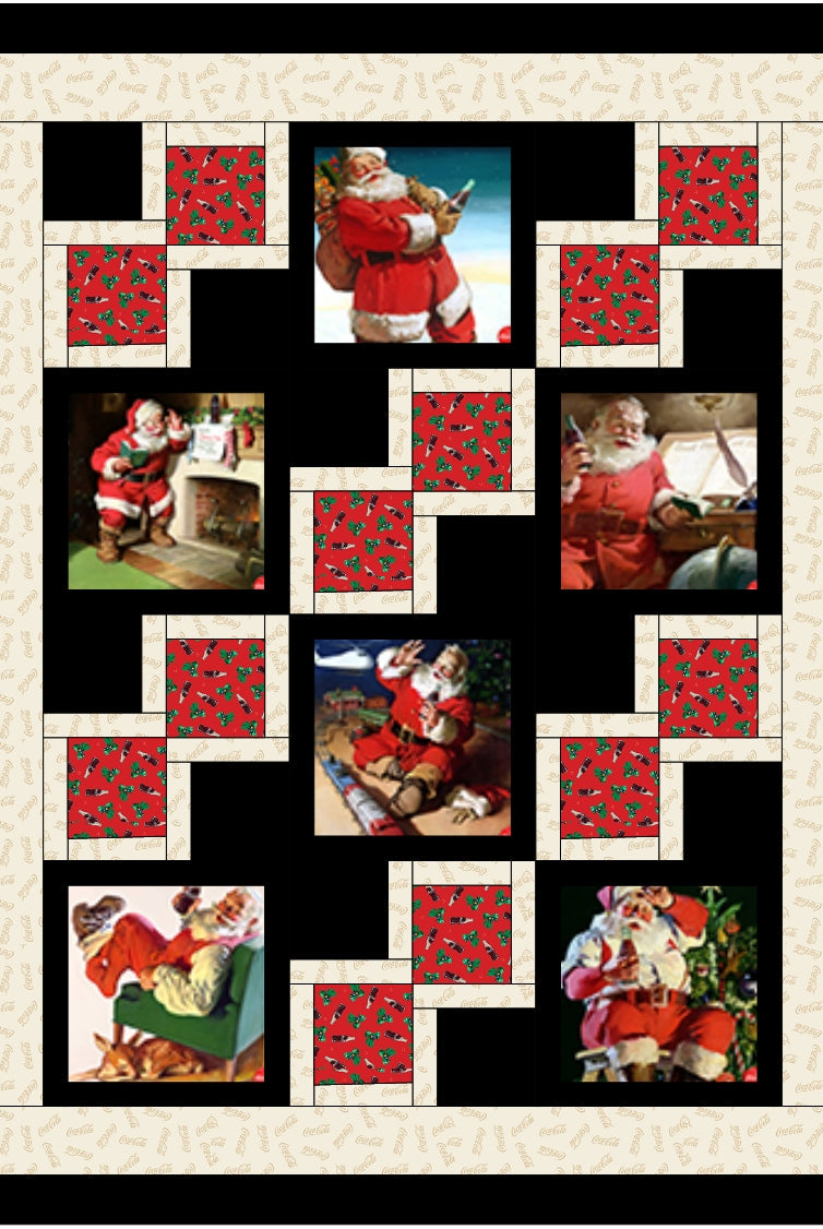 Carmon's Quilt Shop Coca-Cola Santa Christmas quilt kit featuring festive Northcott fabrics in a 46 by 58 inch design