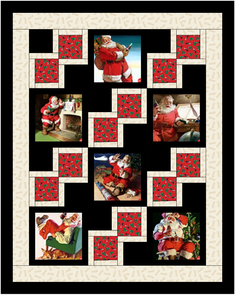 Carmon's Quilt Shop Coca-Cola Santa Christmas quilt kit featuring festive Northcott fabrics in a 46 by 58 inch design
