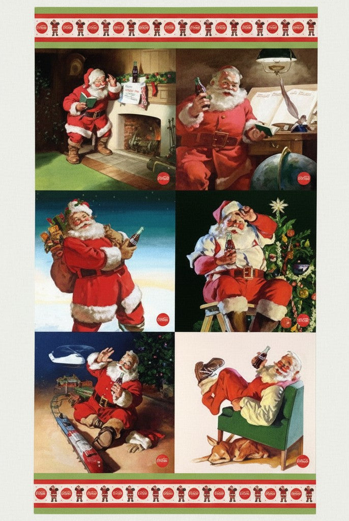 Carmon's Quilt Shop Coca-Cola Santa Christmas quilt kit panel featuring nostalgic holiday scenes on Northcott fabric