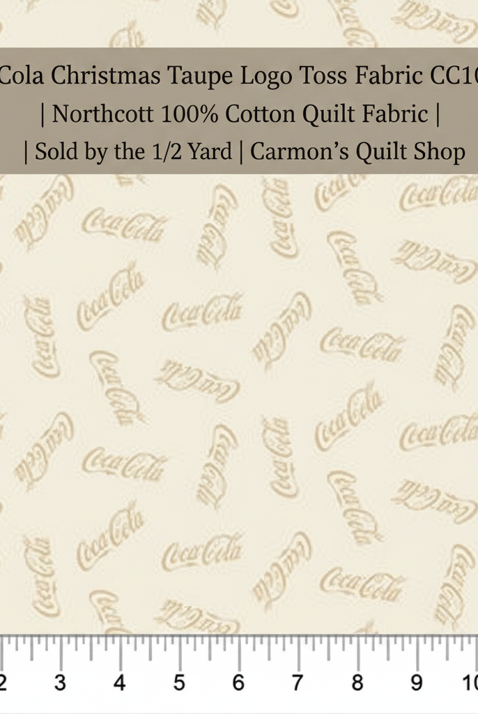 Carmon's Quilt Shop Coca-Cola Christmas taupe cotton fabric with an allover logo toss print for quilting projects.