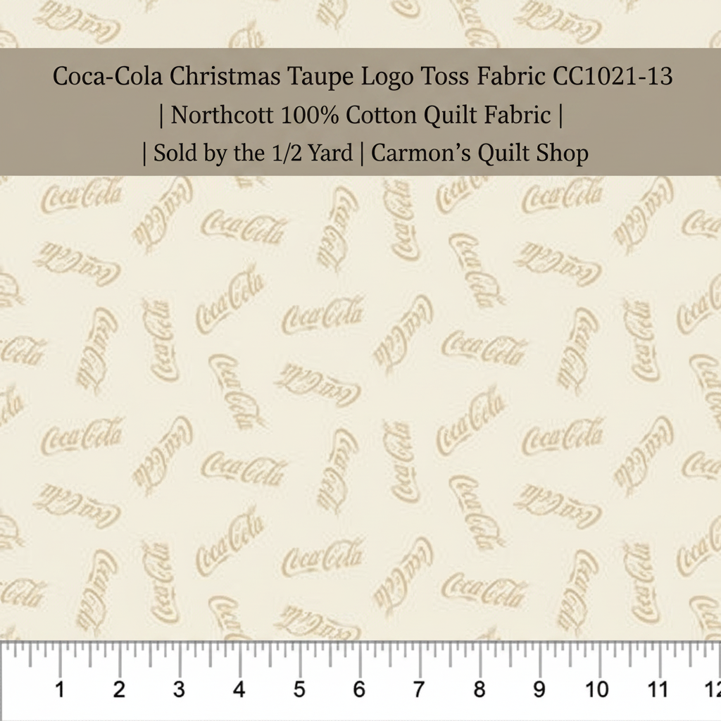 Carmon's Quilt Shop Coca-Cola Christmas taupe cotton fabric with an allover logo toss print for quilting projects.