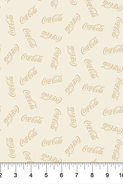 Carmon's Quilt Shop Coca-Cola Christmas taupe cotton fabric with an allover logo toss pattern for quilting projects.
