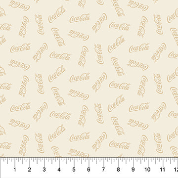 Carmon's Quilt Shop Coca-Cola Christmas taupe cotton fabric with an allover logo toss pattern for quilting projects.