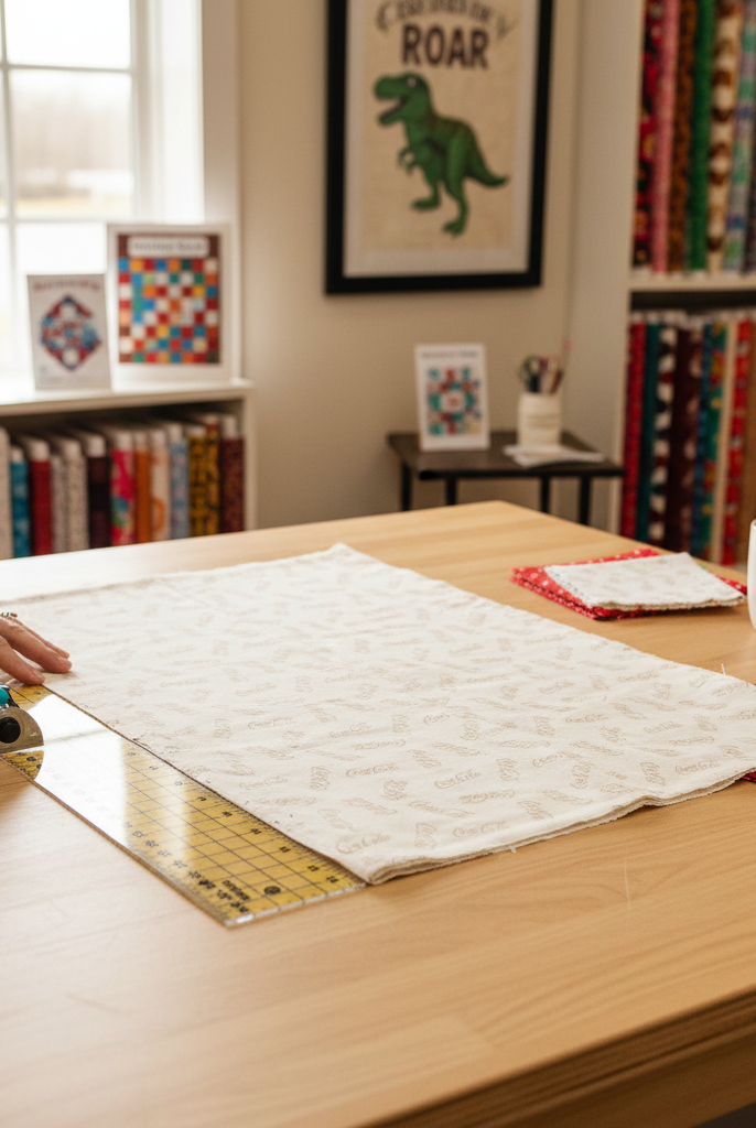 Carmon's Quilt Shop Coca-Cola Christmas taupe logo toss cotton fabric being cut with a rotary cutter on a table