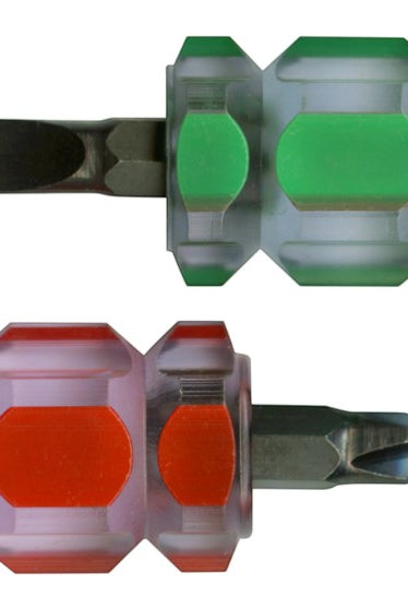 Carmon's Quilt Shop compact screwdriver set featuring one flat head and one Phillips head tool with grooved handles.