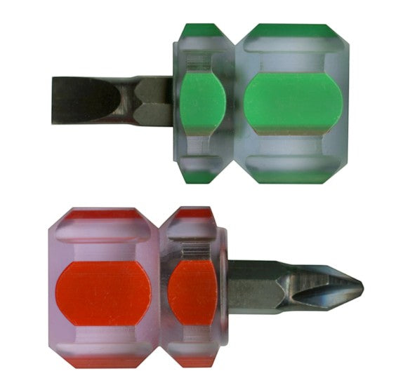 Carmon's Quilt Shop compact screwdriver set featuring one flat head and one Phillips head tool with grooved handles.