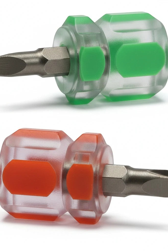 Carmon's Quilt Shop The Gypsy Quilter compact screwdriver set with one green and one orange non-slip handle tool.