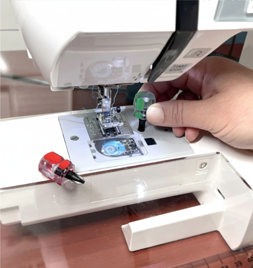 Carmon's Quilt Shop compact screwdriver set being used on a sewing machine needle plate for maintenance