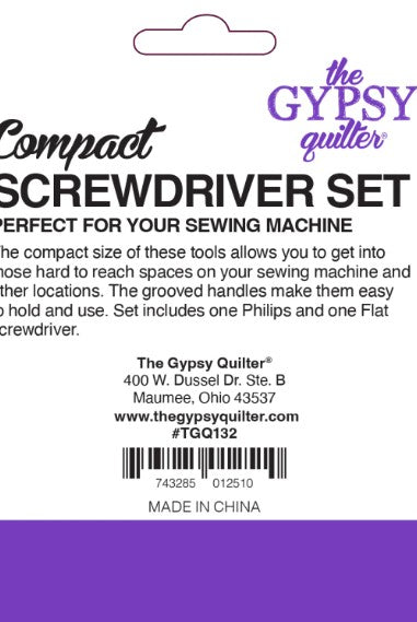 Carmon's Quilt Shop The Gypsy Quilter compact sewing machine screwdriver set packaging with Phillips and flat heads
