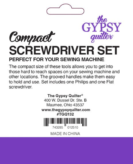 Carmon's Quilt Shop The Gypsy Quilter compact sewing machine screwdriver set packaging with Phillips and flat heads
