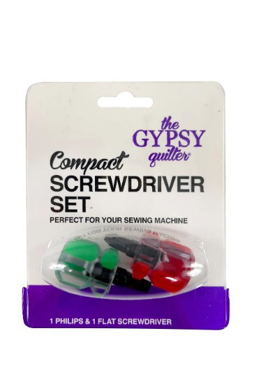 Carmon's Quilt Shop The Gypsy Quilter compact screwdriver set with one green Phillips and one red flat head tool.