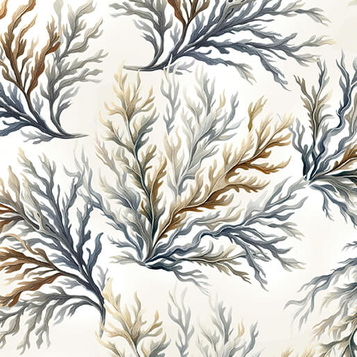 Carmon's Quilt Shop Coral Neutral 108 inch wide backing fabric with coastal seaweed print in blue and brown tones.