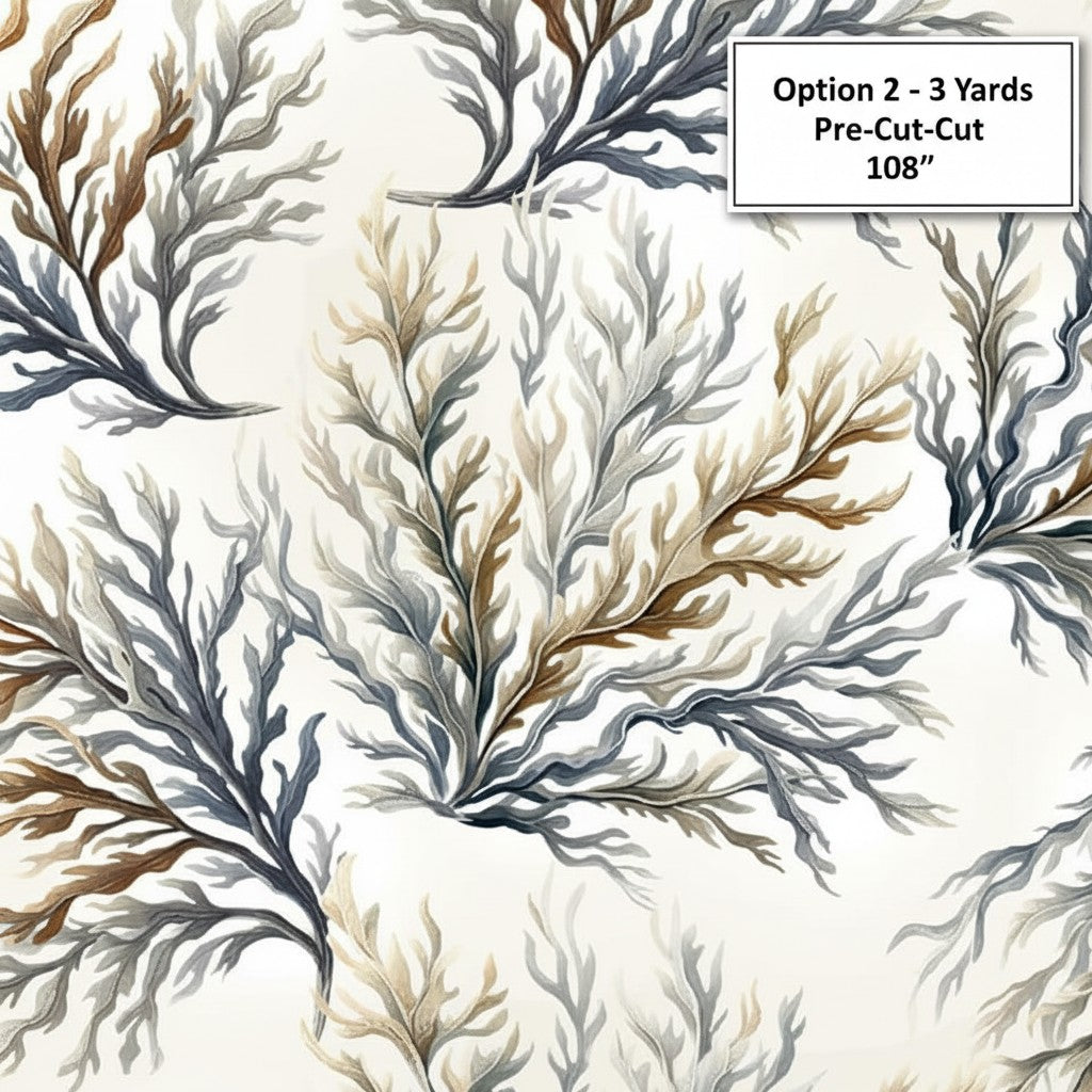 Carmon's Quilt Shop Coral Neutral 108 inch wide backing fabric featuring a coastal coral print in soft earth tones.