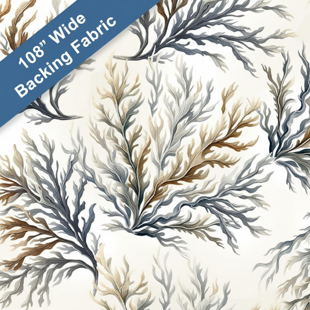 Carmon's Quilt Shop 108 inch wide backing fabric featuring a neutral coral reef print by Nicole DeCamp