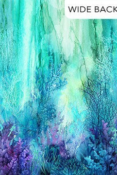 Carmon's Quilt Shop Coral Reef wide backing fabric in turquoise multi, 100% cotton, 108" x 108". Features underwater coral and sea life.