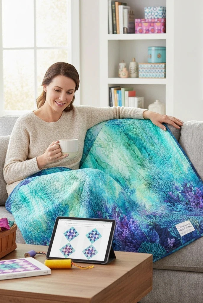 Carmon's Quilt Shop Coral Reef wide backing fabric in turquoise multi, 100% cotton, 108" x 108".