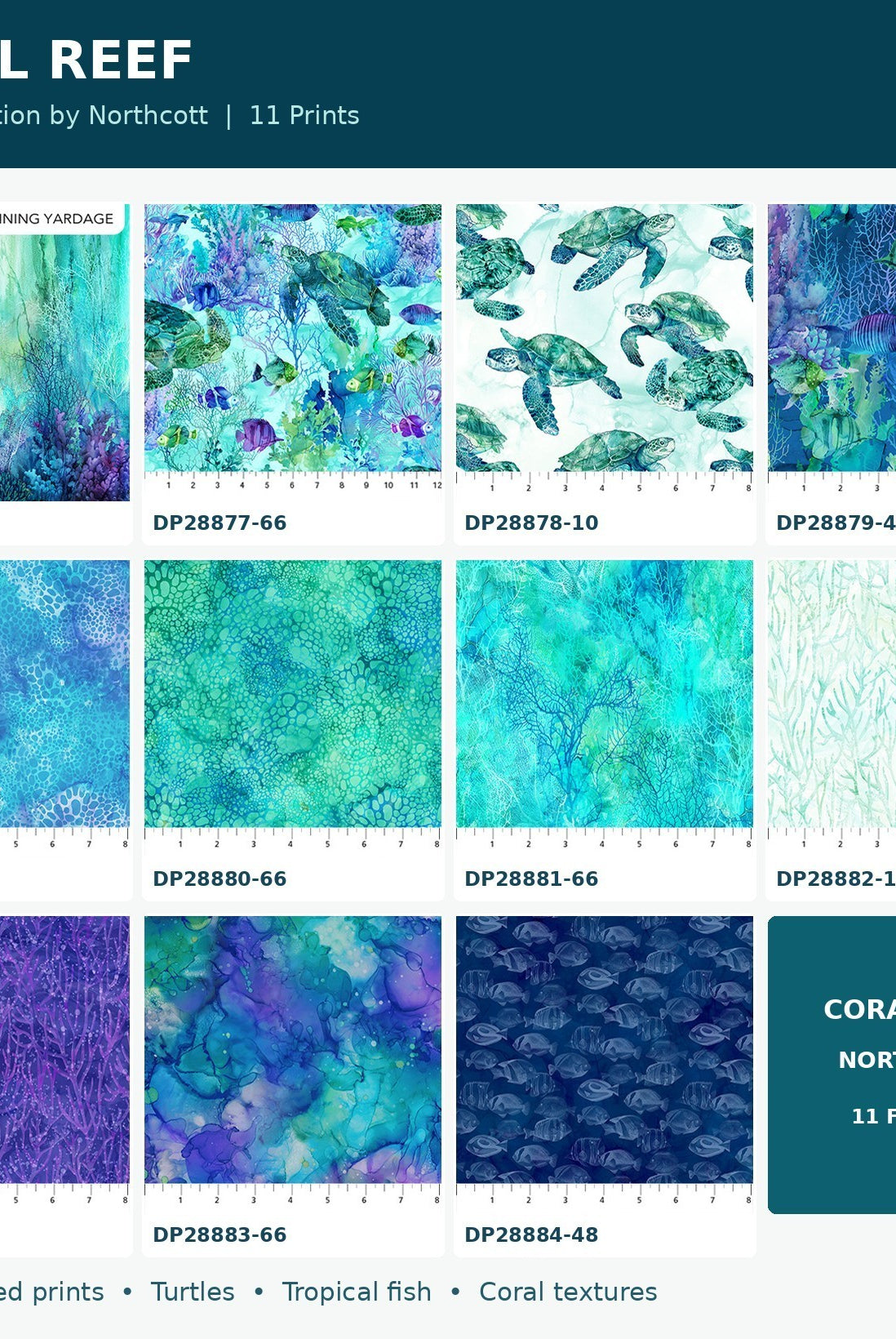 Carmon's Quilt Shop Coral Reef fat quarter bundle featuring 11 ocean-themed cotton fabrics with turtles and coral.