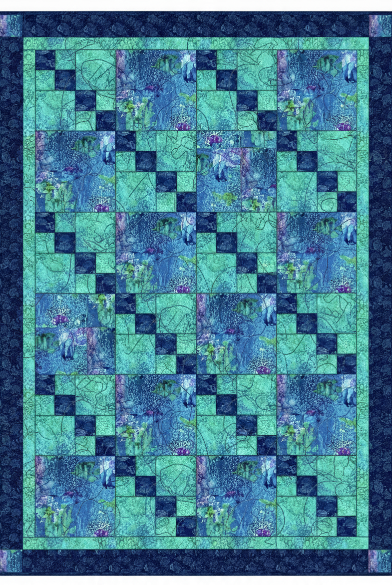 Carmon's Quilt Shop Coral Reef Turtles and Blue Fish quilt kit featuring ocean-themed patchwork in blue and green.