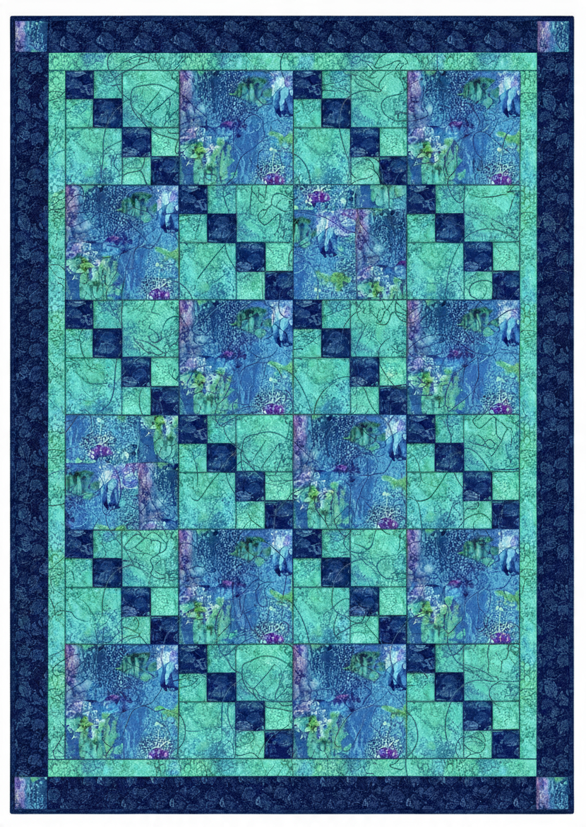 Carmon's Quilt Shop Coral Reef Turtles and Blue Fish quilt kit featuring ocean-themed patchwork in blue and green.