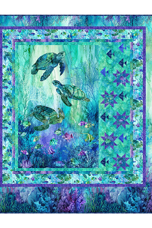 Carmon's Quilt Shop Coral Reef Star Fish quilt kit featuring sea turtles and vibrant blue and purple ocean fabrics.