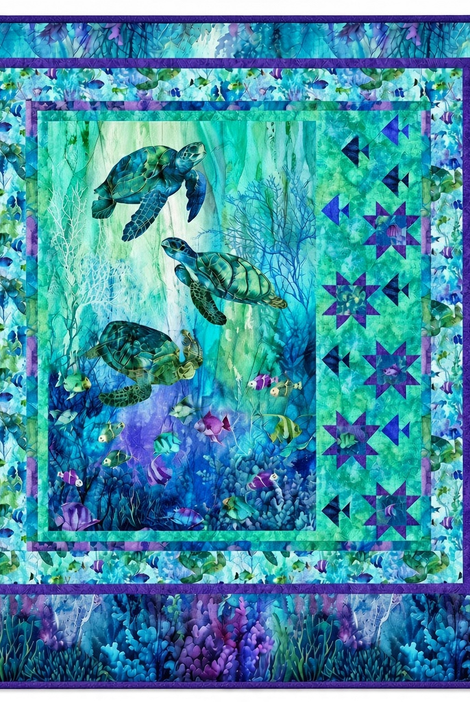 Carmon's Quilt Shop Coral Reef Star Fish quilt kit featuring sea turtles and vibrant blue and purple ocean fabrics.
