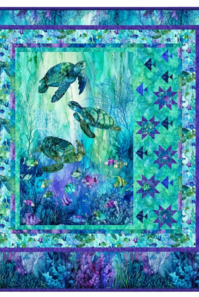 Carmon's Quilt Shop Coral Reef Star Fish quilt kit featuring sea turtles and vibrant underwater coral fabric patterns.