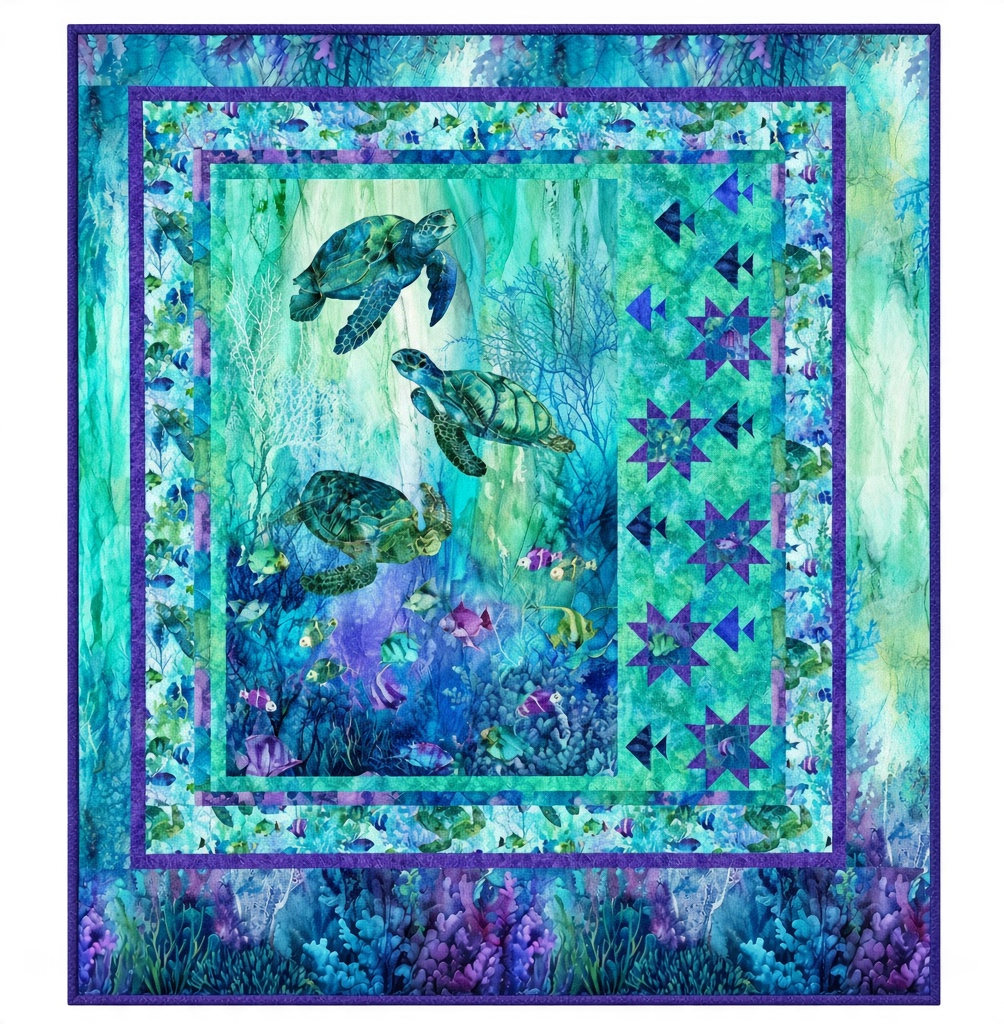 Carmon's Quilt Shop Coral Reef Star Fish quilt kit featuring sea turtles and vibrant underwater coral fabric patterns.