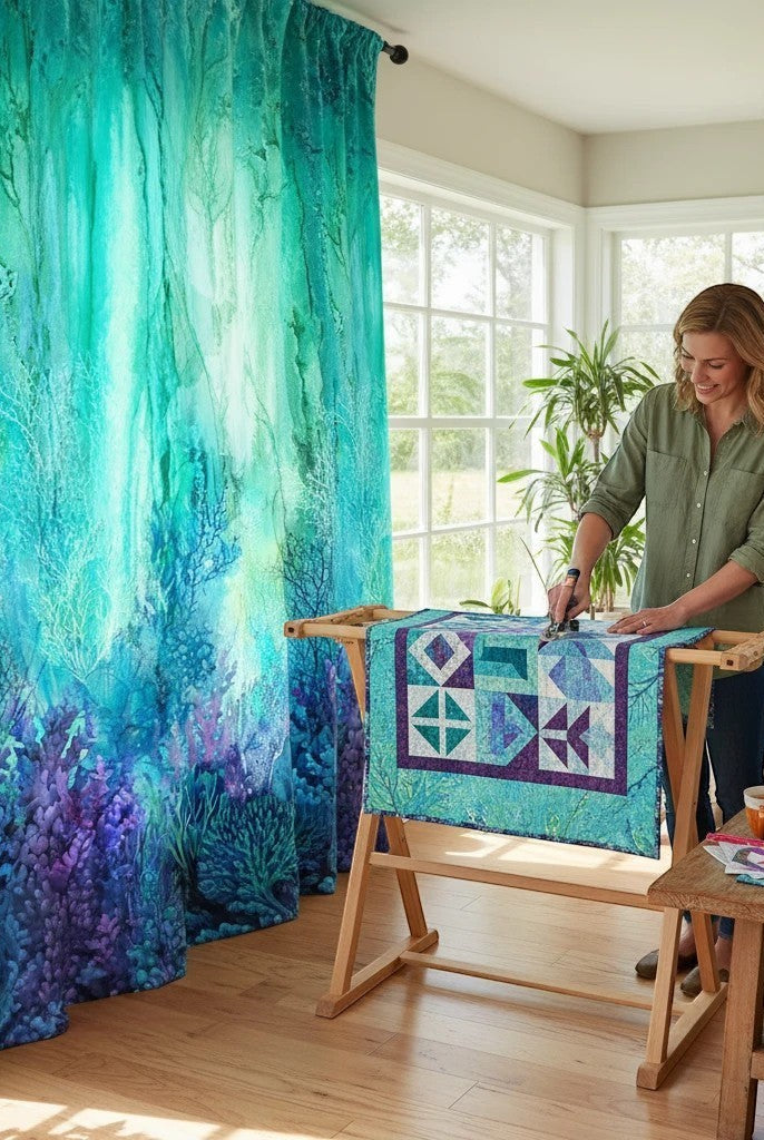Carmon's Quilt Shop turquoise multi coral reef 100% cotton fabric, 108" wide, designed by Deborah Edwards & Melanie Samra.