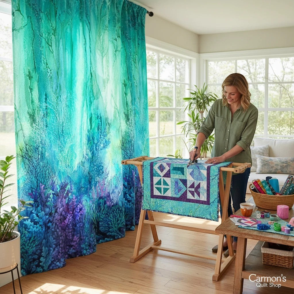 Carmon's Quilt Shop turquoise multi coral reef 100% cotton fabric, 108" wide, designed by Deborah Edwards & Melanie Samra.