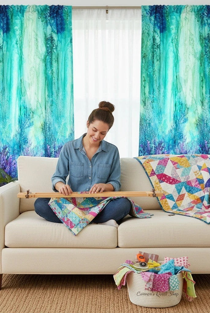 Carmon's Quilt Shop Coral Reef turquoise multi 100% cotton fabric, 3 yards, 108" x 108", designed by Deborah Edwards & Melanie Samra.