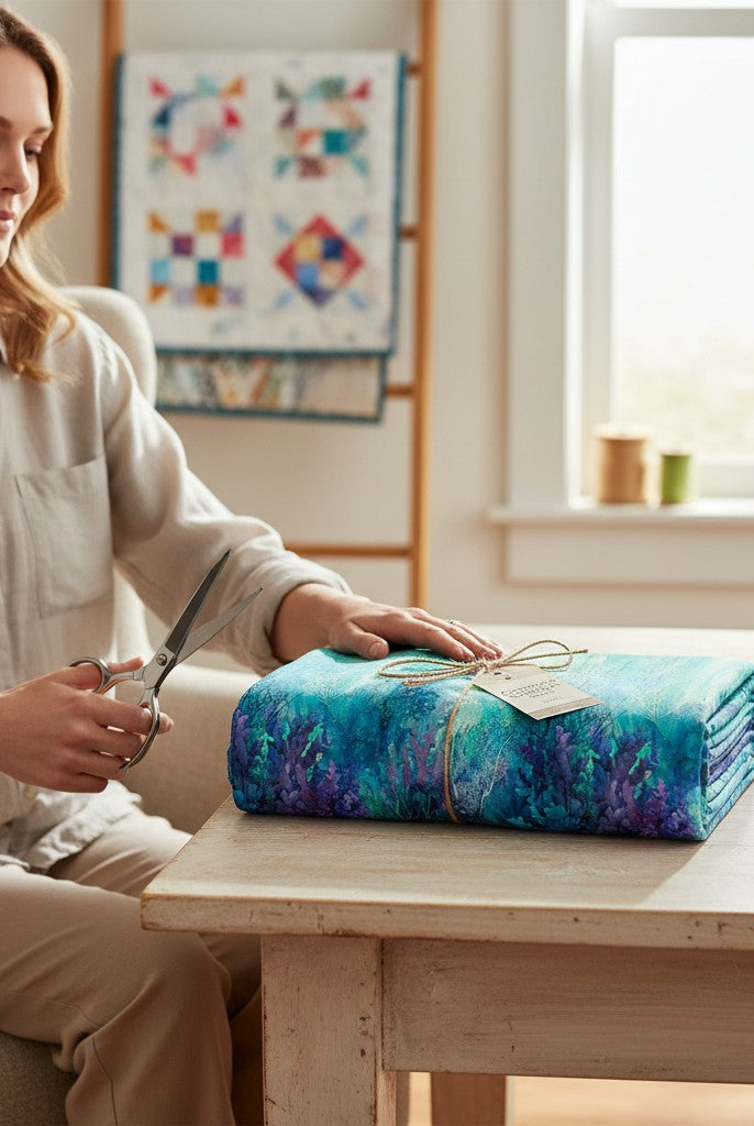 Carmon's Quilt Shop Coral Reef turquoise multi 108" wide 100% cotton fabric with underwater coral reef design.