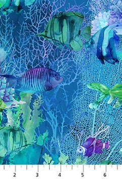 Carmon's Quilt Shop fabric featuring sea turtles, fish, and coral reef in vibrant blue, aqua, and green ocean tones.
