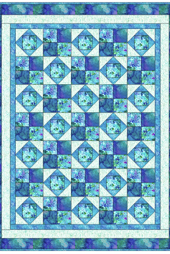Carmon's Quilt Shop Coral Sea Span baby quilt kit featuring blue and teal cotton fabric in a square block pattern