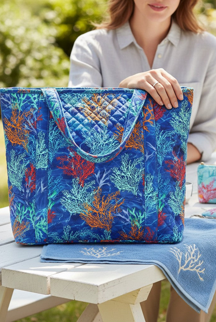 Carmon's Quilt Shop quilted tote bag featuring an Oceana Coral reef print in orange and blue on a deep blue background