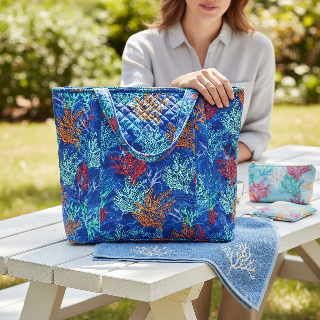 Carmon's Quilt Shop quilted tote bag featuring an Oceana Coral reef print in orange and blue on a deep blue background