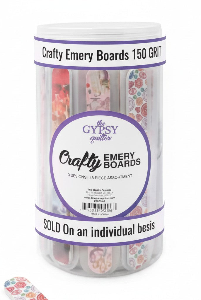 Carmon's Quilt Shop The Gypsy Quilter Crafty Emery Boards in a clear plastic display container with assorted designs