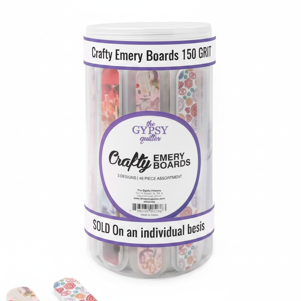 Carmon's Quilt Shop The Gypsy Quilter Crafty Emery Boards in a clear plastic display container with assorted designs