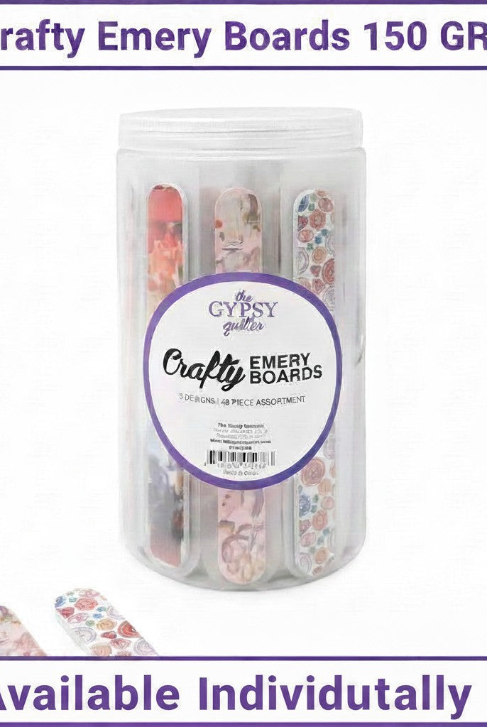 Carmon's Quilt Shop The Gypsy Quilter Crafty Emery Boards in a clear storage jar with assorted floral patterns