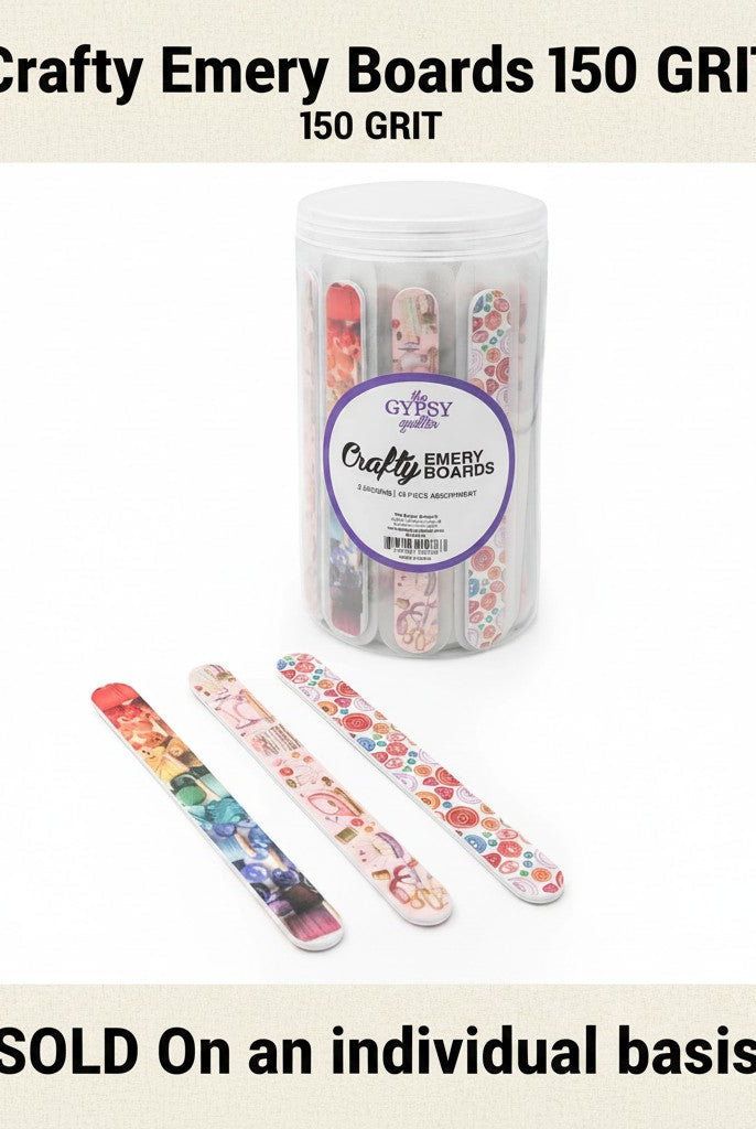 Carmon's Quilt Shop The Gypsy Quilter Crafty Emery Boards with assorted colorful sewing-themed patterns and 150 grit.
