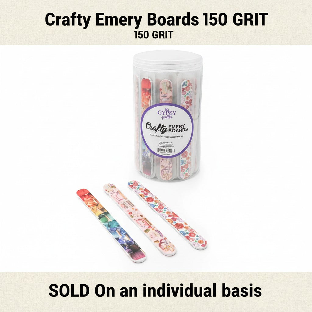 Carmon's Quilt Shop The Gypsy Quilter Crafty Emery Boards with assorted colorful sewing-themed patterns and 150 grit.