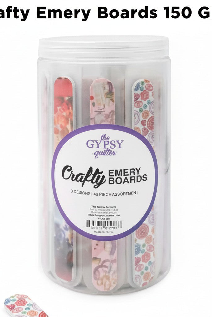 Carmon's Quilt Shop The Gypsy Quilter Crafty Emery Boards in a clear plastic storage jar with assorted quilt designs