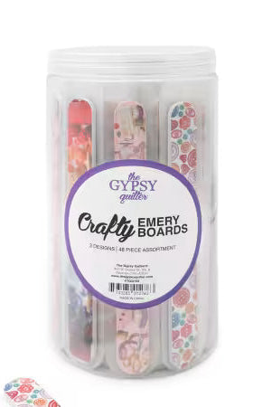 Carmon's Quilt Shop The Gypsy Quilter Crafty Emery Boards in a clear plastic storage jar with assorted quilt designs