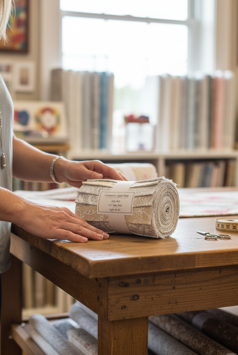 Carmon's Quilt Shop Light As Air 2.5 inch cream cotton jelly roll fabric strips on a wooden table in a quilt shop