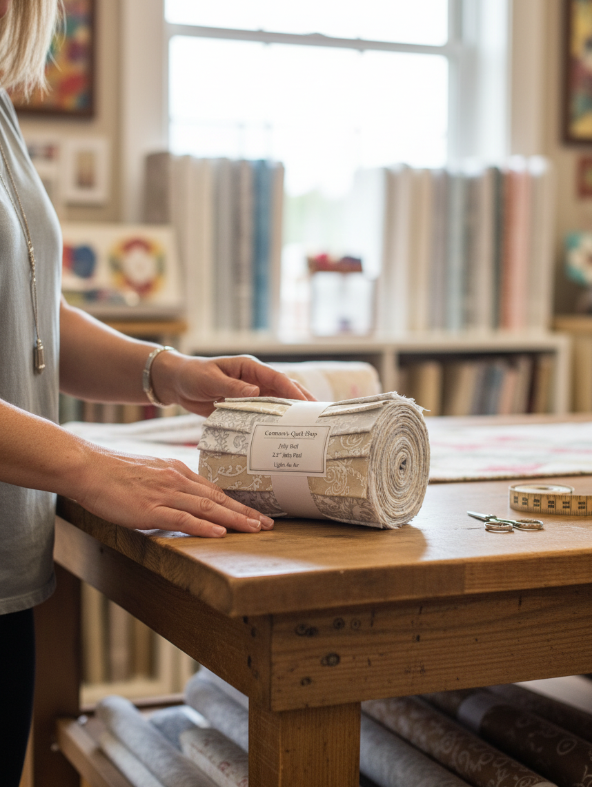 Carmon's Quilt Shop Light As Air 2.5 inch cream cotton jelly roll fabric strips on a wooden table in a quilt shop