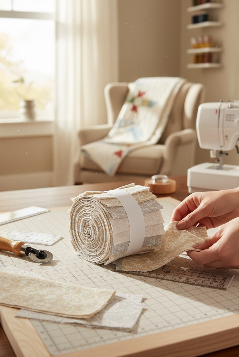Carmon's Quilt Shop Light As Air cream jelly roll fabric strips on a cutting mat with a rotary cutter and sewing machine