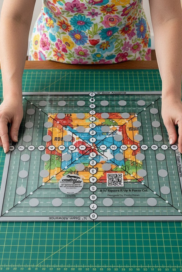 Carmon's Quilt Shop Creative Grids 8.5in square quilting ruler with clear acrylic and black markings for squaring up blocks or fussy cutting.